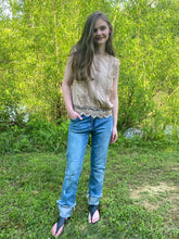 Load image into Gallery viewer, Killer Khaki Lace Trim Woven Top