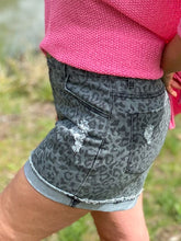 Load image into Gallery viewer, Animal Printed Black Washed Denim Shorts