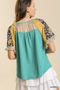 Floral/Leopard Mix Teal Top
