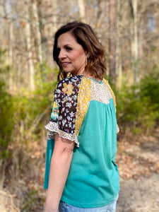 Floral/Leopard Mix Teal Top