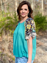 Load image into Gallery viewer, Floral/Leopard Mix Teal Top
