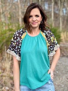 Floral/Leopard Mix Teal Top