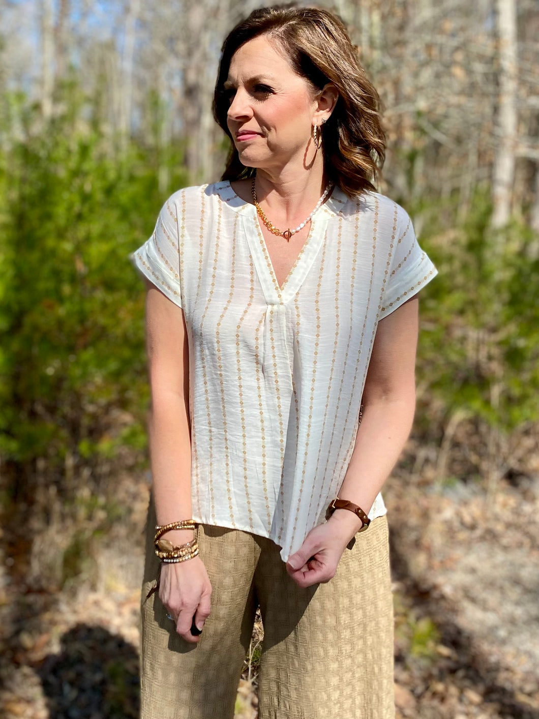 Beige Back Button Top