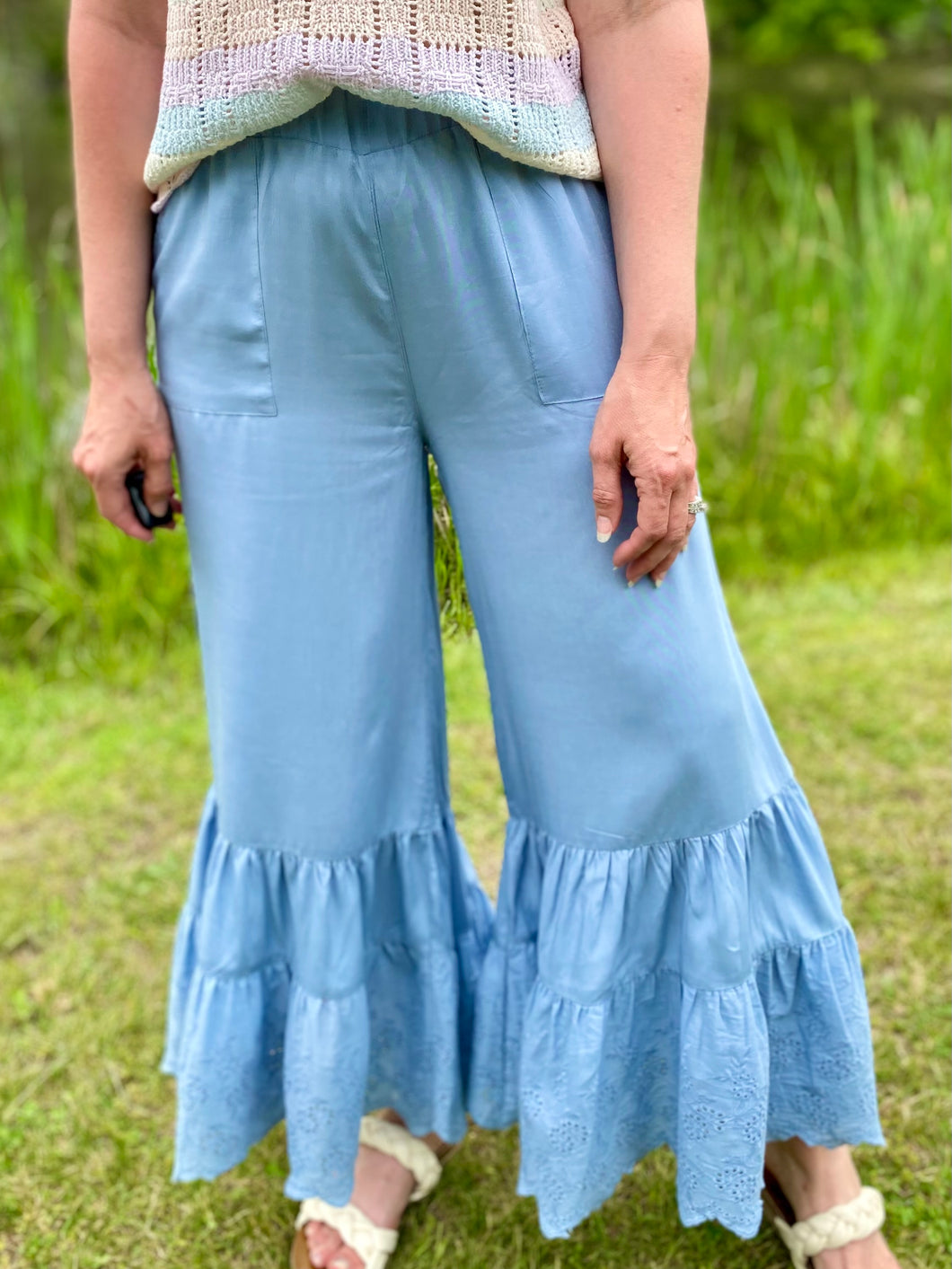 Dusty Blue Eyelet Ruffle Pants