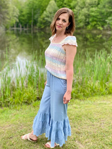 Dusty Blue Eyelet Ruffle Pants