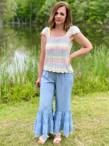 Dusty Blue Eyelet Ruffle Pants