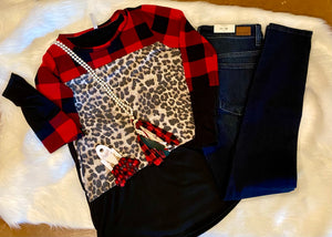 Sleigh Bells Ring Buffalo Plaid and Leopard Top