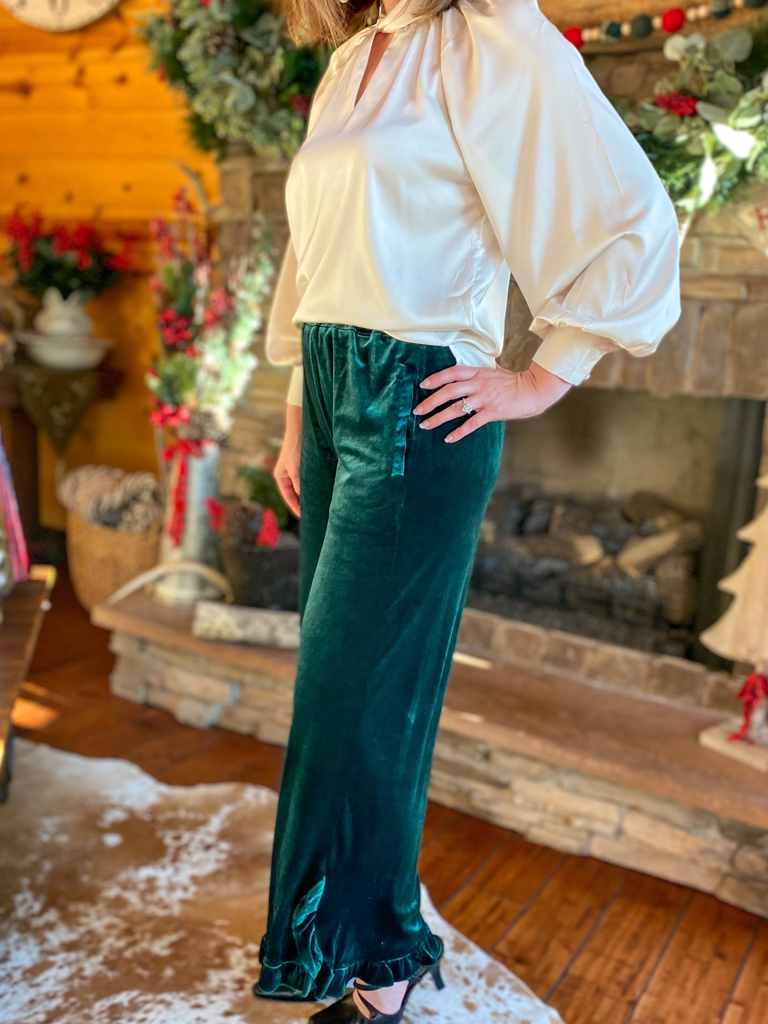 Emerald Ruffle Leg Velvet Pants Wardrobe on Woods Boutique Emerald Ruffle Leg Velvet Pants Wardrobe on Woods Boutique