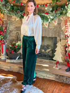 Emerald Ruffle Leg Velvet Pants