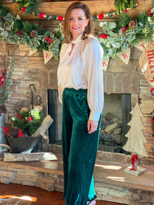 Emerald Ruffle Leg Velvet Pants