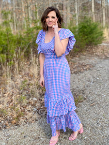 Take a Guess Blue/Pink Gingham Maxi Dress