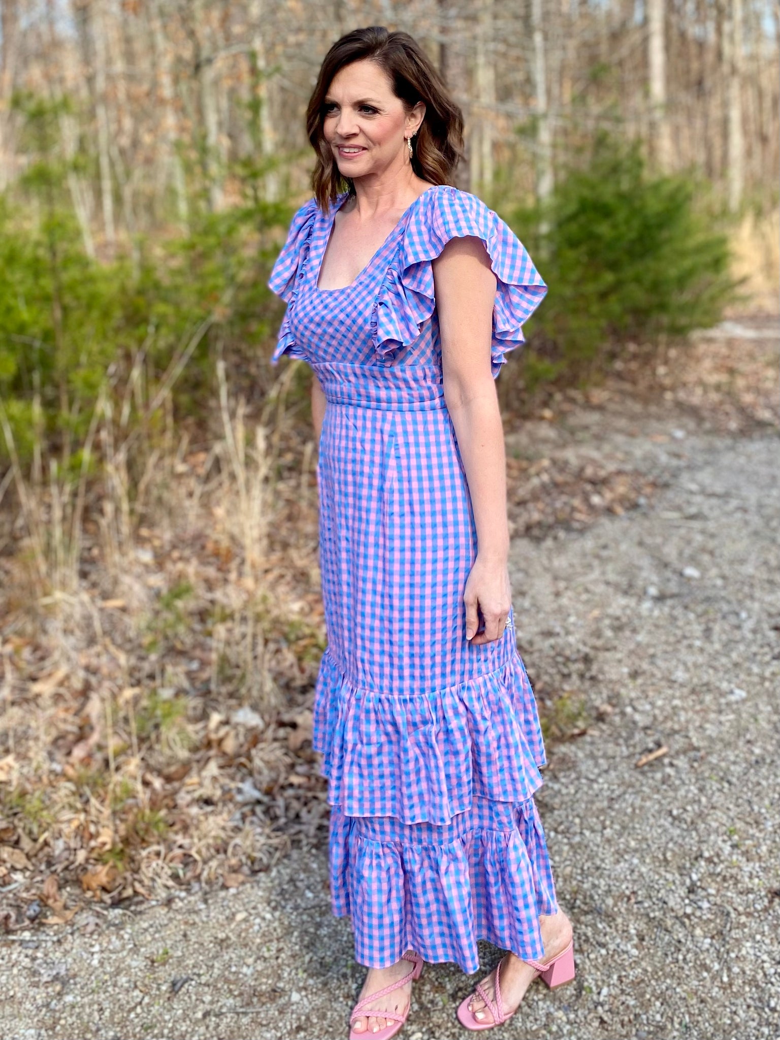 pink and blue gingham dress Take a Guess Blue/Pink Gingham Maxi Dress Wardrobe on Woods Boutique