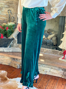 Emerald Ruffle Leg Velvet Pants