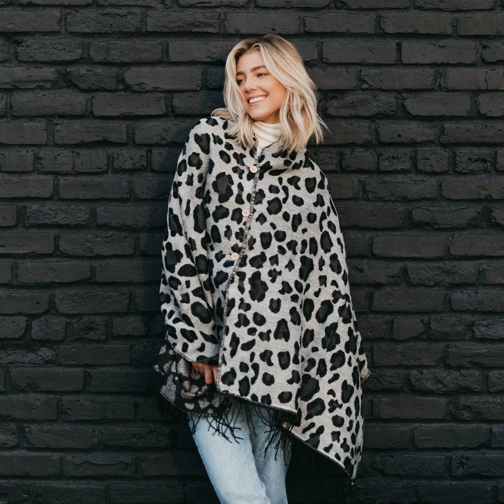 Grey Leopard Button Shawl/Scarf