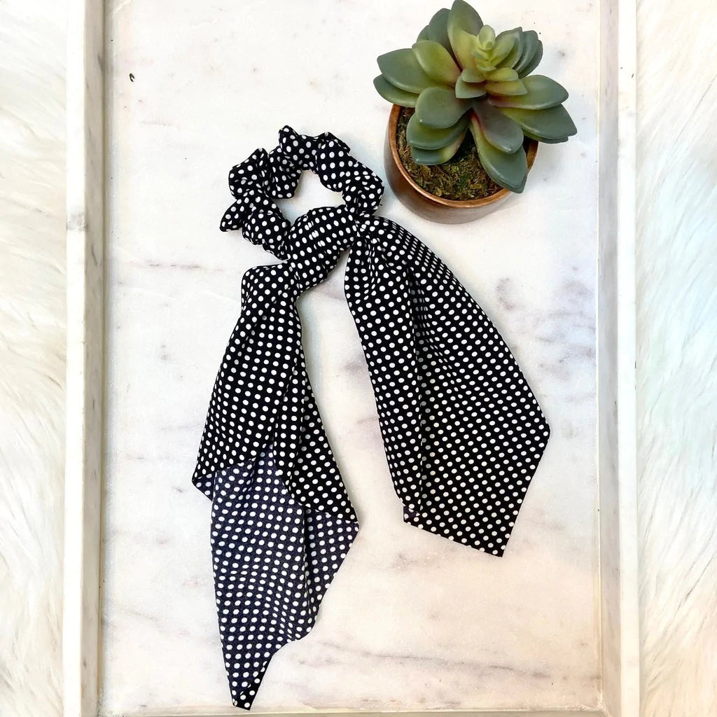 Long Hair Scarf/Scrunchie Black Polka Dot