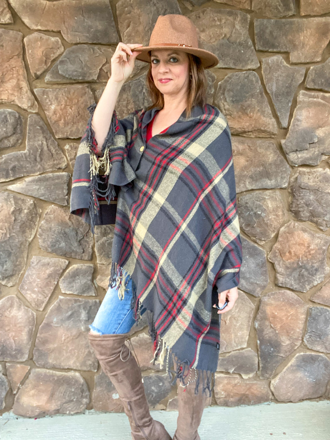 Nicole Button Plaid Shawl Scarf