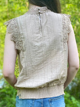 Load image into Gallery viewer, Killer Khaki Lace Trim Woven Top
