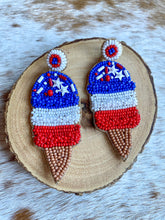 Load image into Gallery viewer, Red/White/Blue Ice Cream Cone Seed Bead Earrings

