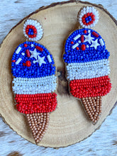 Load image into Gallery viewer, Red/White/Blue Ice Cream Cone Seed Bead Earrings
