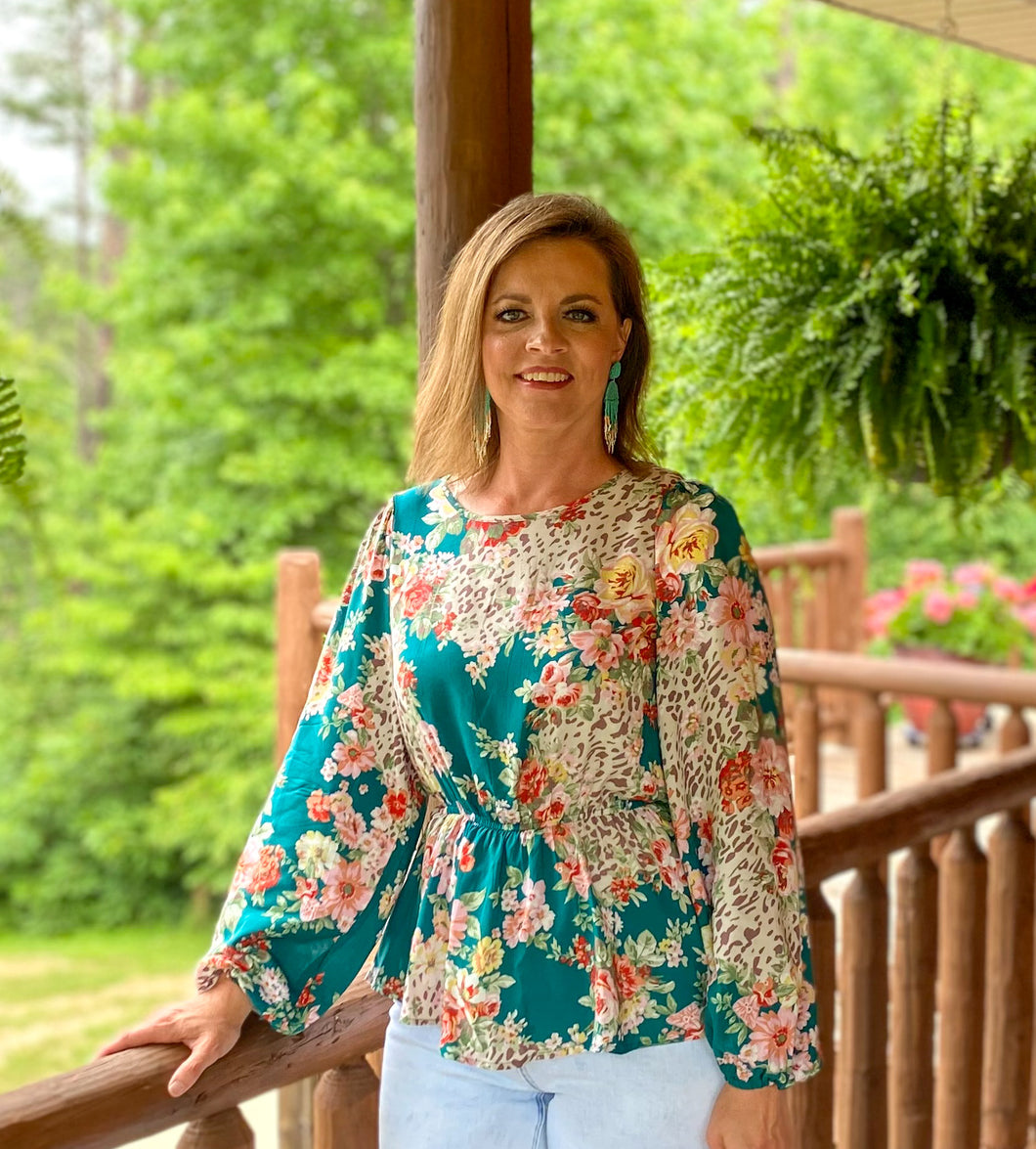 Teal Leopard In Bloom Top